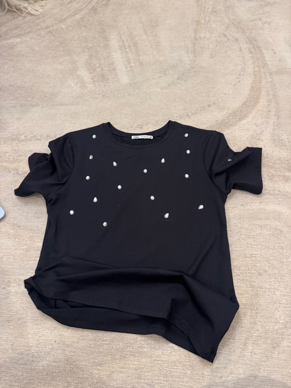 Women’s Zara Black Short-Sleeve Top with Pearl Embellishments